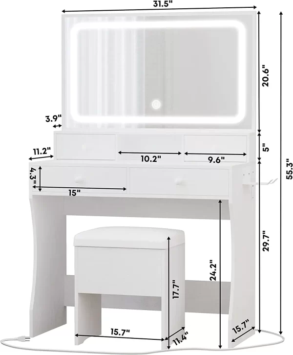 LIKIMIO Vanity Desk with LED Lighted Mirror & Power Outlet & 4 Drawers, Dressing Makeup Table Set with Storage Stool and Hair Dr - Image 2