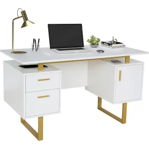 Storage Drawers and Cabinet 51.25” W-Modern Office Large Floating Desktop Surface Desk, White/Gold