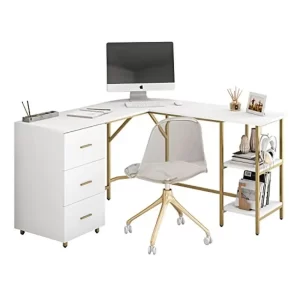 L Shaped Corner Desk with Drawers & Storage Shelves Home Office Furniture Simple Modern Workstation